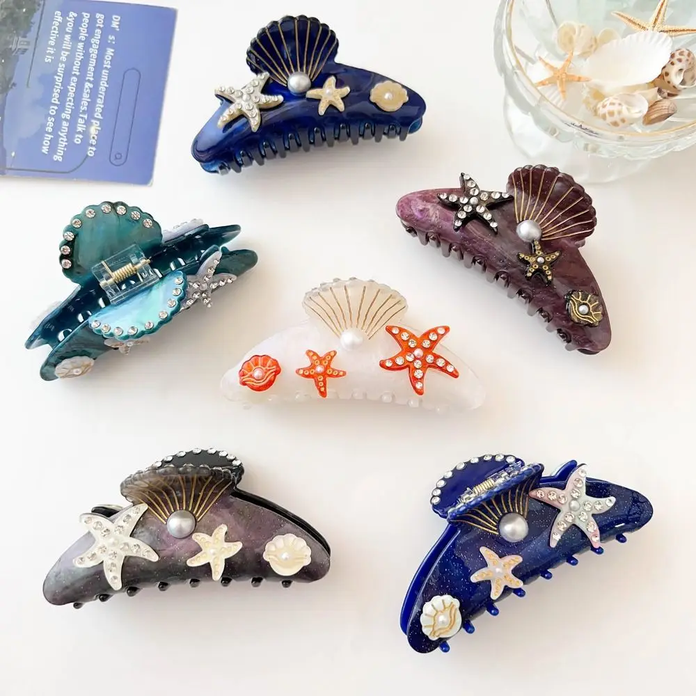 Creative Starfish Ocean Shell Hair Grab Pearl Shark Clip Rhinestone Hair Claw Hairpin Geometry Acrylic Shark Clip Female