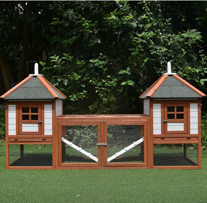 

Two Floors Wooden Bunny Hutch Rabbit Cage with Wheels Guinea Pig House Waterproof No Leak Tray