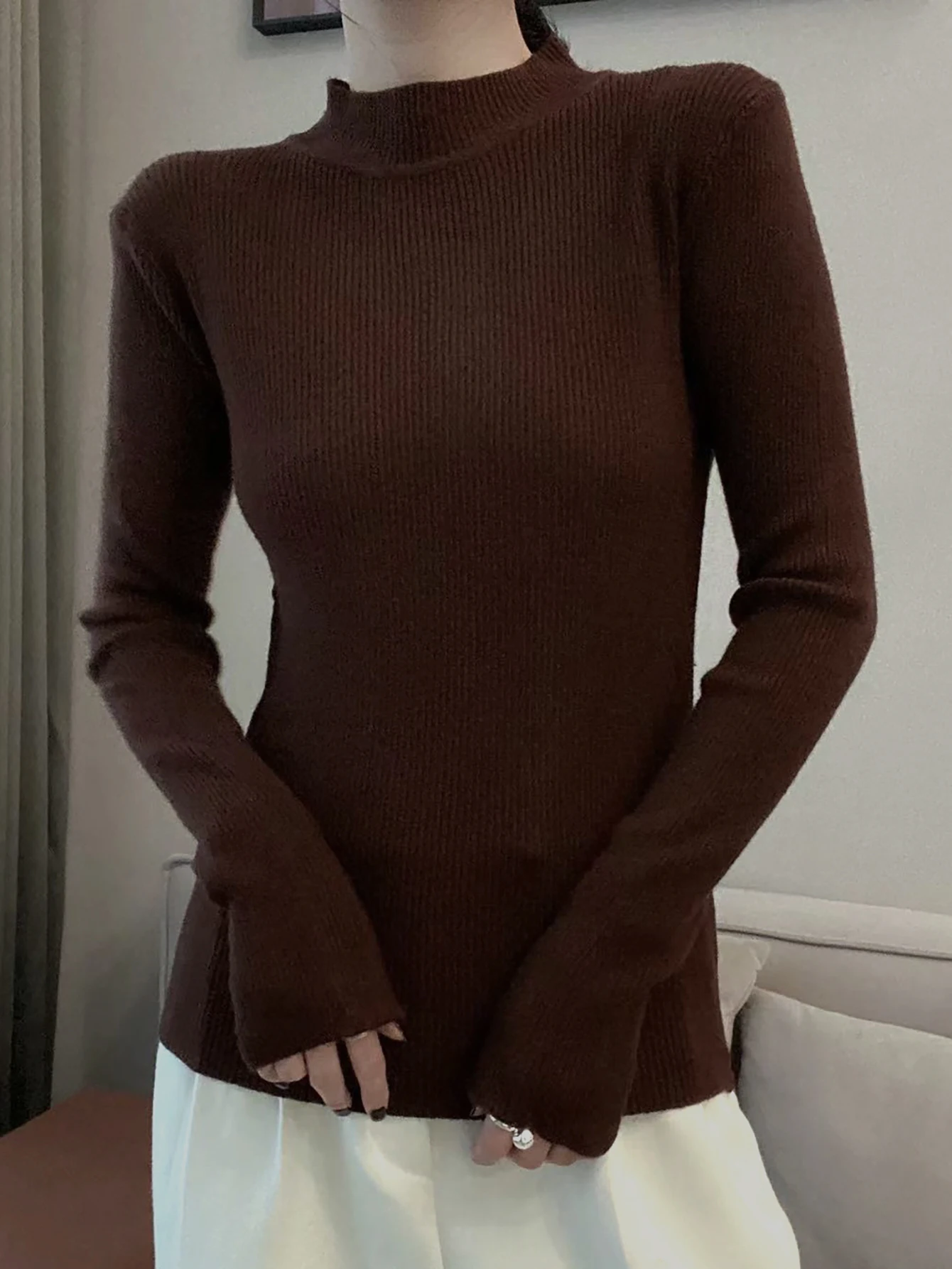 Women's Sweater Mock Neck Solid Ribbed Long Sleeve Slim Pullover Knit Sweater