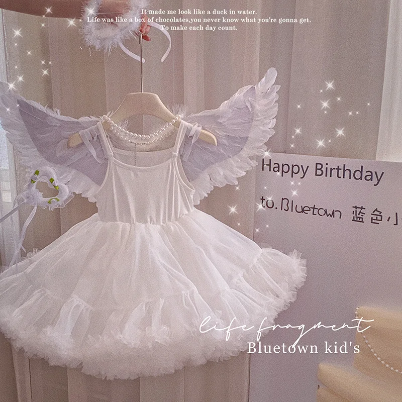 

Girl's Princess Dress2025Summer Mesh Cake Dress Angel Wings Dress First Birthday Dress Gown