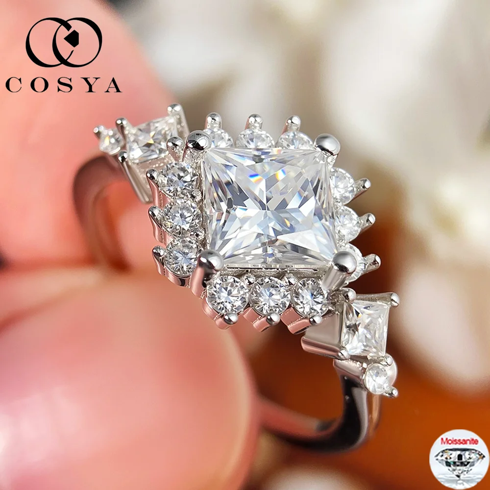 

COSYA 6mm Princess Cut All Moissanite Rings For Women 100% S925 Silver D Color Pass Diamond Test Wedding Band Fine Jewelry Gift