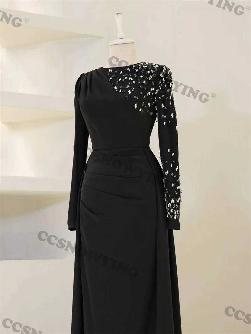 Preto cetim frisado muçulmano vestidos de noite manga longa uma linha islâmica feminino baile formal vestido festa árabe dubai robes de soirée