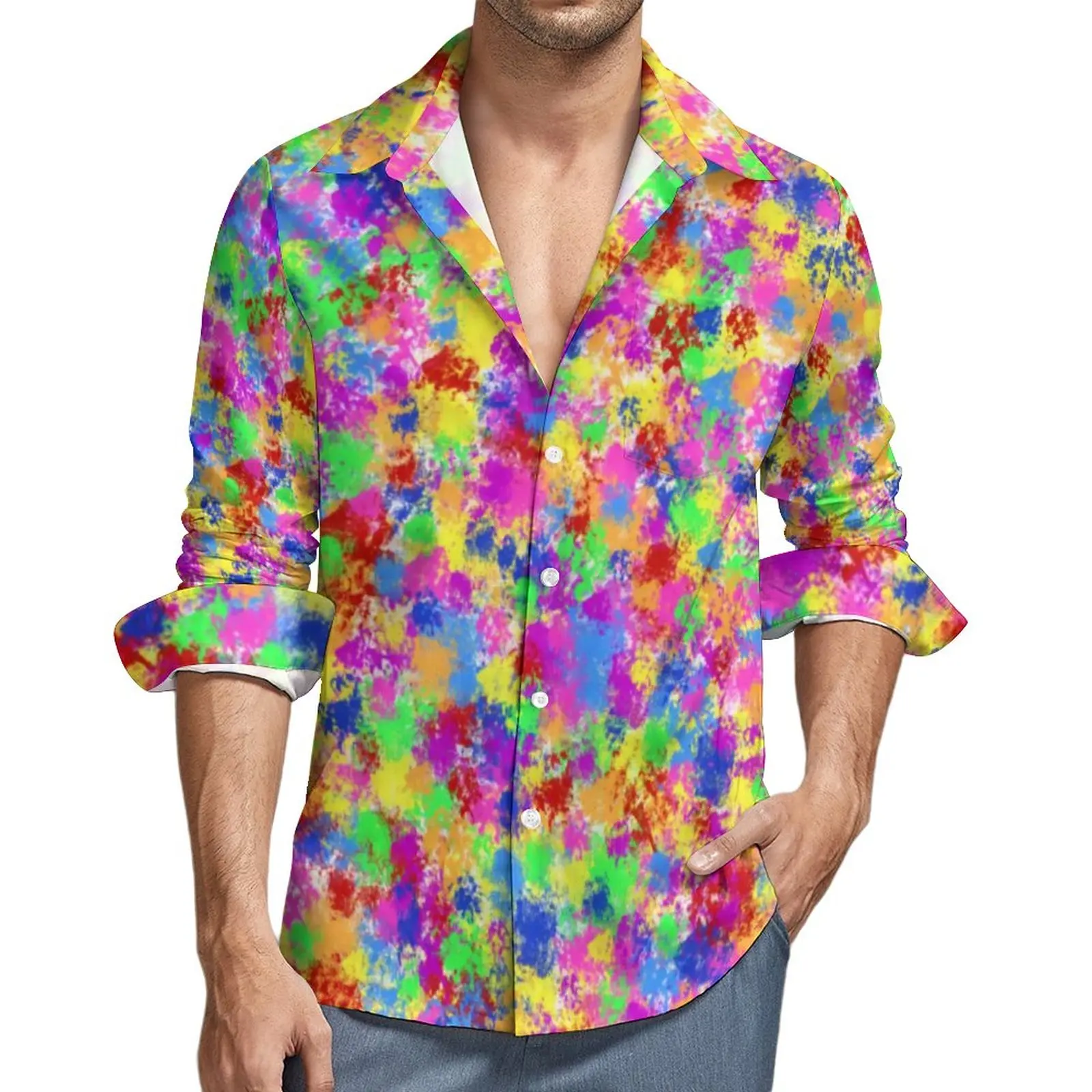 

Rainbow Splash Shirt Spring Trendy Neon Print Casual Shirts Men Trendy Blouses Long Sleeve Graphic Harajuku Top 3XL 4XL