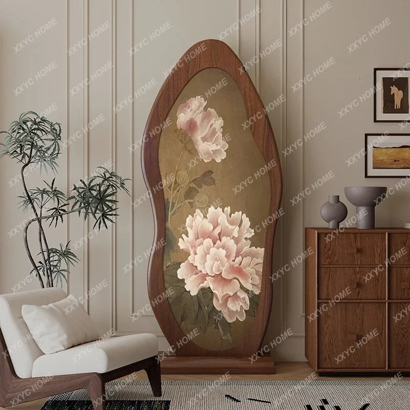 XXMedieval peony flower solid wood screen partition household living room entrance sofa bedside cover movable seat screen