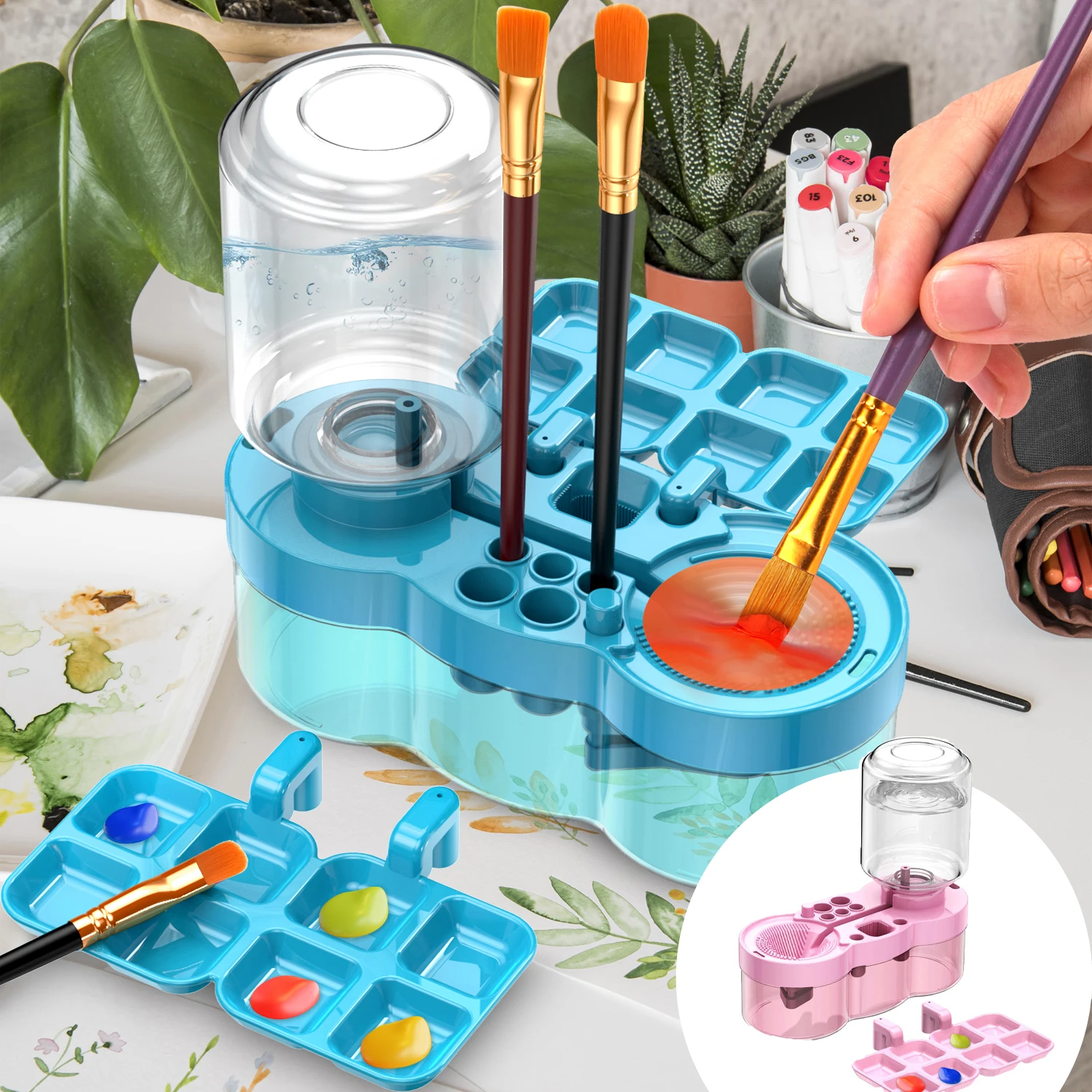 Paint Brush Washer with Drain Button Portable Painting Brush Clean Device Automatic Water Circulation for Acrylic Water Based