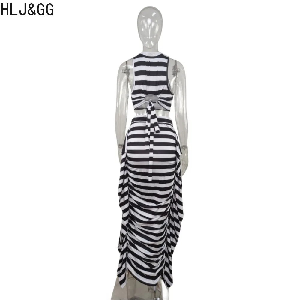 Saia HLJ & GG-Stripe Printing Tassels para mulheres, colete sem mangas, saias magras, roupas de streetwear, moda outono, conjunto de 2 peças