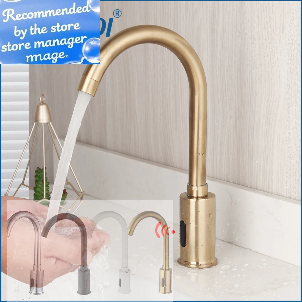 

KEMAIDI Automatic Touch Free Bathroom Faucet Sensor Faucets Brushed Gold Hot Cold Mixer Tap Water Saving Inductive Electric Taps