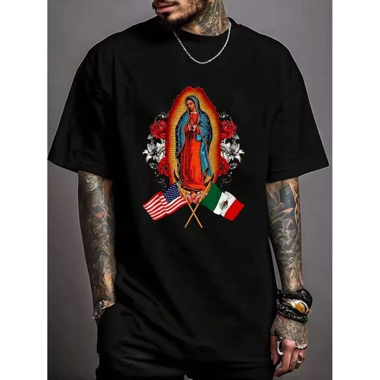 -Shirt With Print Of Virgin Of Guadalupe And Mexican-American,% Cotton, Casual Style, Round Neck, Short Sleeve, Comfortable