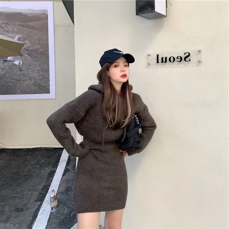 MEXZT Streetwear Knitted Mini Dress Women Hooded Sweater A Line Dresses Winter Korean Solid High Waist Slim Casual Vestidos New