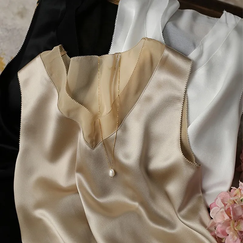 

Acetate Satin Vest Top Women's Faion Sexy ort Sle Underwear Base irt Inner Wear Leather Fabric Busin Casual Pure C...