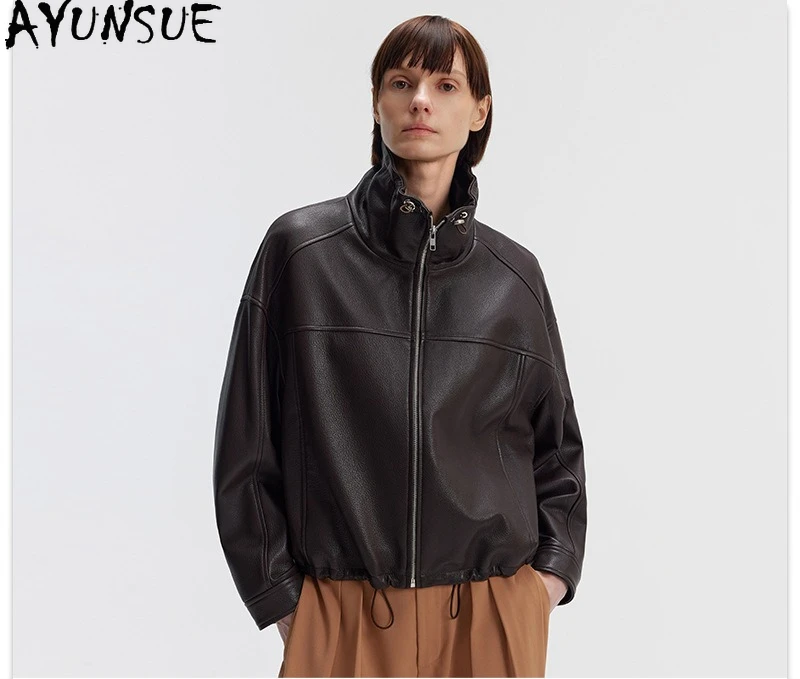 AYUNSUE Vera Pelle di Capra Giacca di Pelle Genuina per la Donna Nero Donna Giubbotti Loose Fit Primavera Autunno Vestiti │ ngaха Жiichtха Ж miscecud