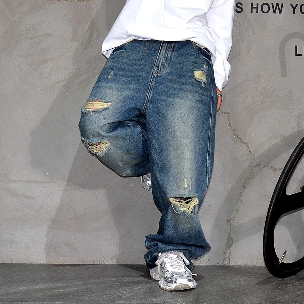 Korean Popular Clothes Hip Hop Ripped Baggy Jeans For Men Streetwear Skateboard Jeans Vintage Trendy Denim Pants Mens Trousers