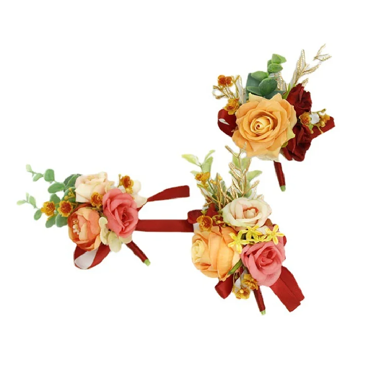 Boutonniere-Corsag de muñeca naranja, amarillo, vino, rojo, flor de simulación, celebración de negocios, invitados, suministros de boda, 426