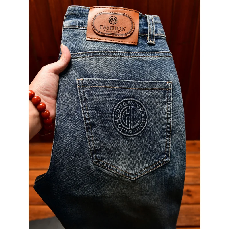 High-End Fashion Simple Jeans for Men Winter Printed Slim Fit Straight-Leg Trendy Korean Version Stretch Men's Pants