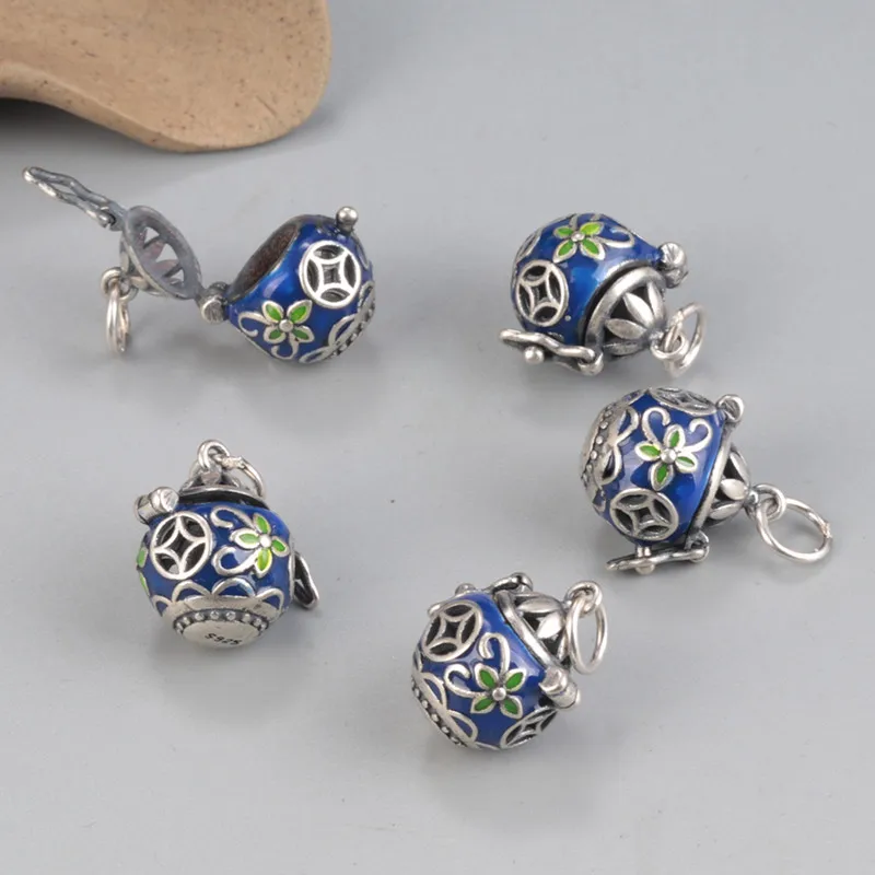 Ethnic 925 Sterling Silver Blue Flower Pendant Can Open Retro Enamel Sachet Fragrance Bag Jewelry Making DIY Material Wholesale