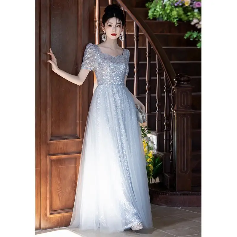 

Серебристо-серое вечернее платье с пайетками 2026 года, новинка, элитное, для выступлений, длинное, для ежегодных встреч, банкетов, элегантное праздничное платье