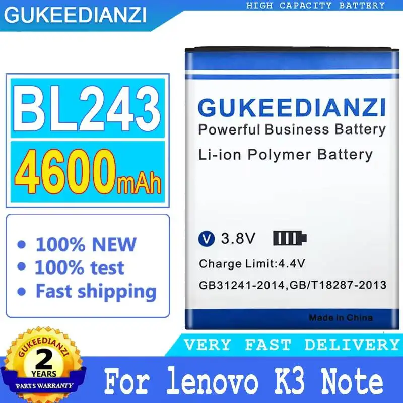 Аккумулятор для мобильных телефонов Lenovo K3 Note K50-T5 A7000 A5500 A5600 A7600 BL243, 4600 мАч, высокоэффективный