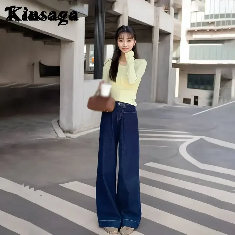 Kinsage Dark Blue Pear Shapes Wide Leg Jeans Women Korean High Waist Straight Mopping Denim Pants Chubby Girl Dragged Pants