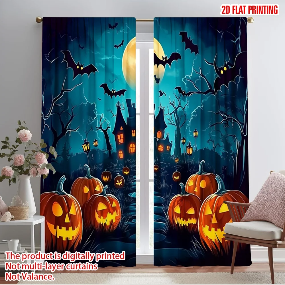 2pcs 2D flat printing Halloween Party Curtain Horror bats Polyester Without Electricity Party Decorations Perfect for
