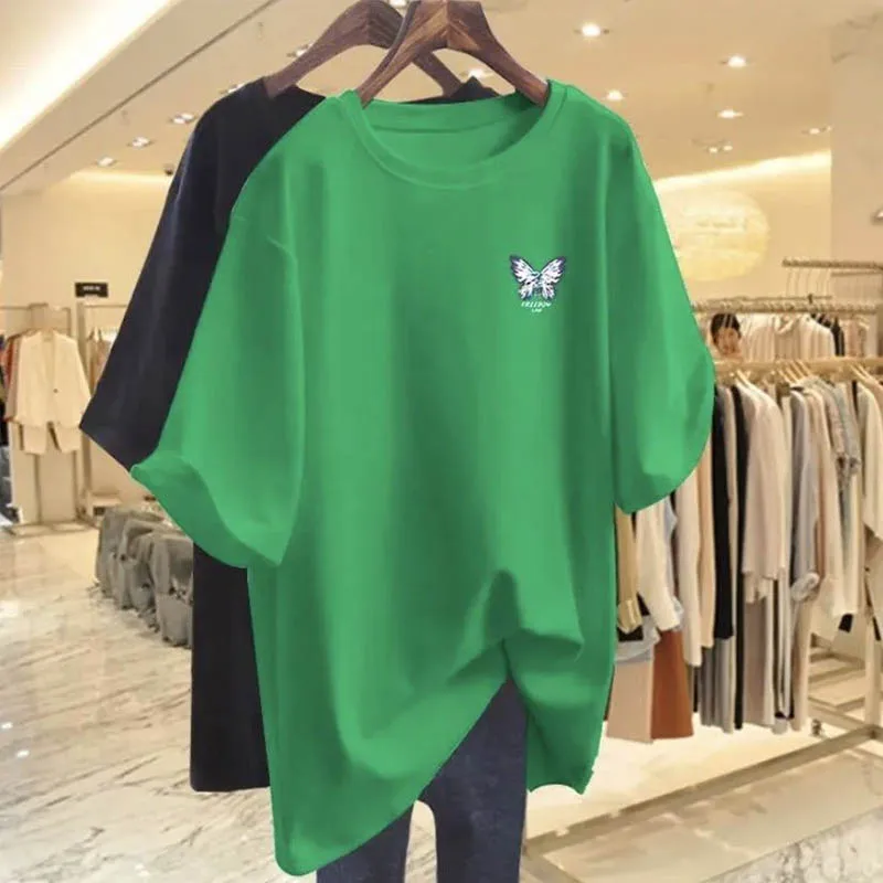 Summer Casual Loose Pure Cotton Short Sleeve T-shirt Women Clothing Elegant Fashion Butterfly Print Top Tee Lady O-neck Pullover