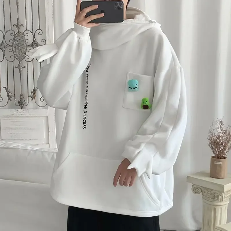 Women Thicken Keep Warm Kawaii Outwear Tops 2023 Autumn Winter Frog Eyes Hooded Sweatshirt Zip-up Plush Fleece Oversized Hoodies
