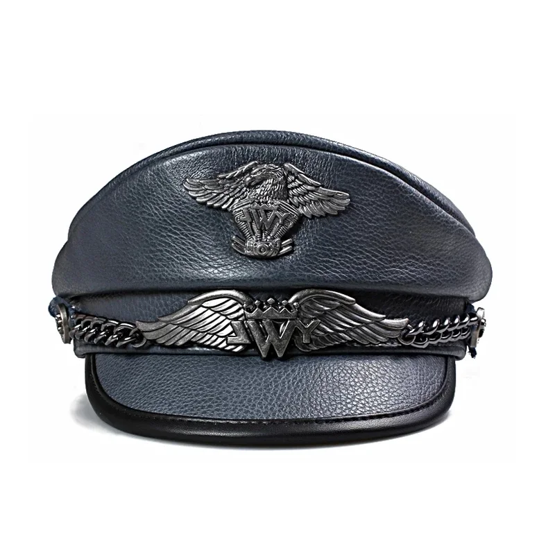 

Unisex German Military Cap Man Real Leather Flat Top Hat Korean Fashion Eagle Mark Chain Punk Locomotive Casquette Male