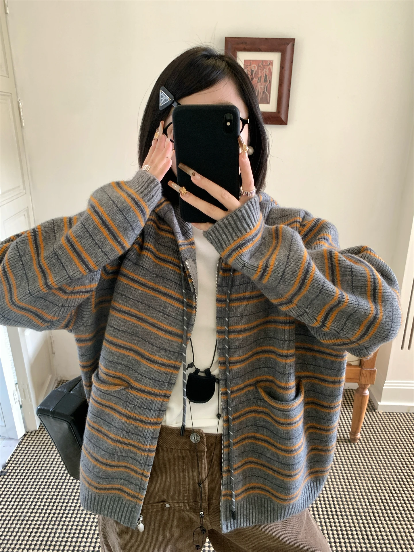 Retro Koreanische Sle Gestreiften Kapuzen Stricken Pullover Mantel frauen Herbst Winter Neue Sle Farbe Blo Aosphere Kleidung Gestrickte O...