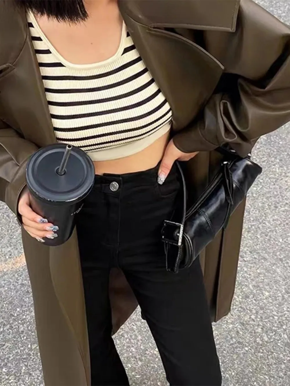 2025 Otoño Invierno chaqueta larga de cuero para mujer moda urbana chaquetas femeninas con cuello vuelto cinturón de manga completa abrigos sueltos de PU