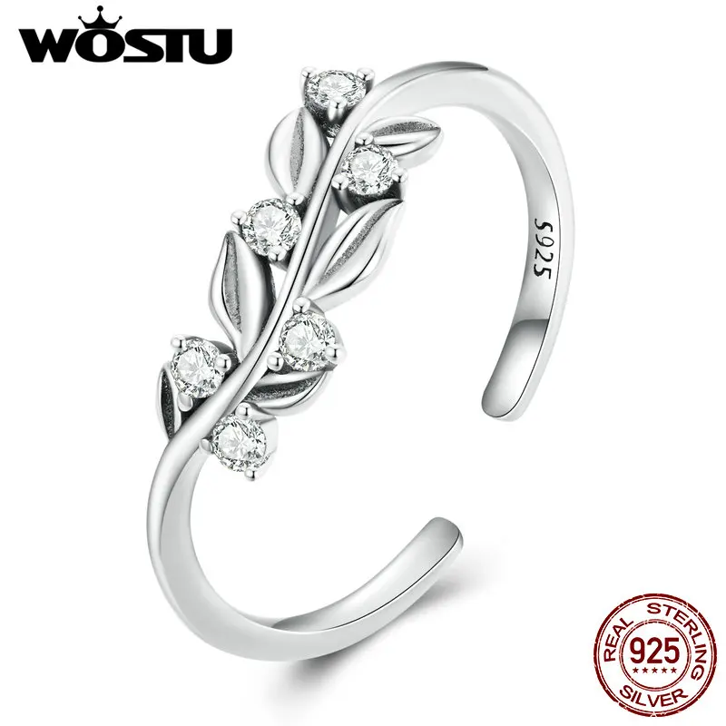 WOSTU Real 925 Sterling Silver Unique Leaf Open Rings For Women Party Statement Adjustable Zircon Ring Girl Fine Jewelry Gift