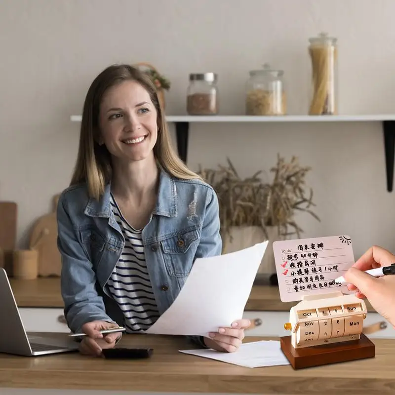永久二輪カレンダー、月1日ディスプレイ付きの再利用可能な木製ロータリー年間カレンダー