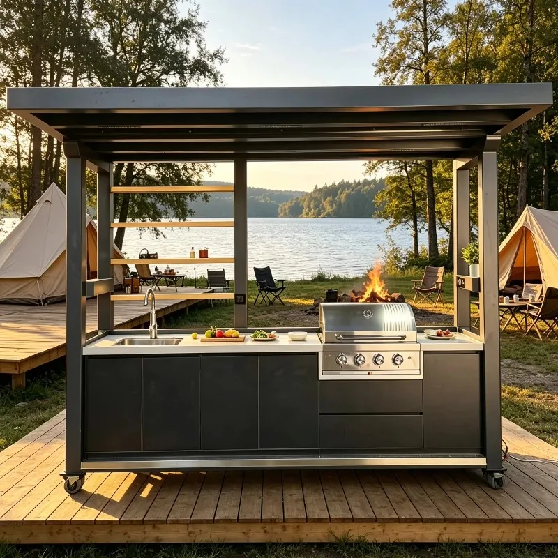 Modern BBQ Island Outdoor Kitchen BBQ Grill All Weather Protective Cover with Sink Stainless Steel BBQ Grill