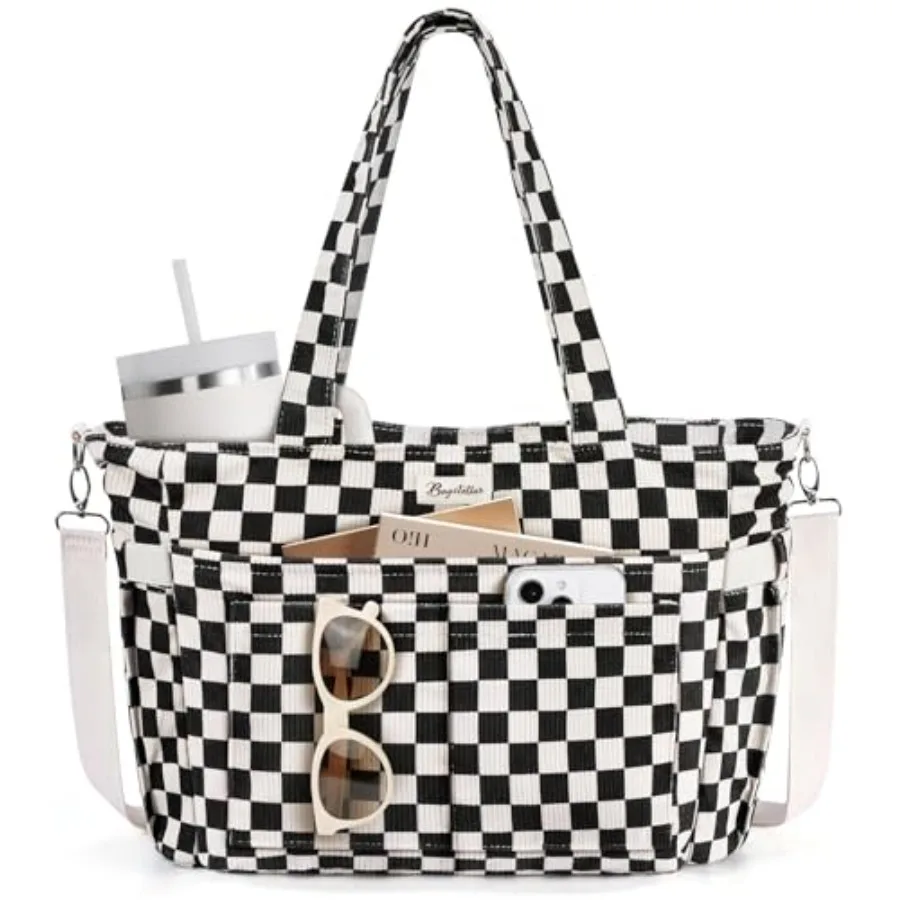 

Bagstellar Corduroy Tote Bag for Women 17 Pockets Laptop Work Tote Bag Lightweight Teacher Nurse Bible Bag for School Travel wi