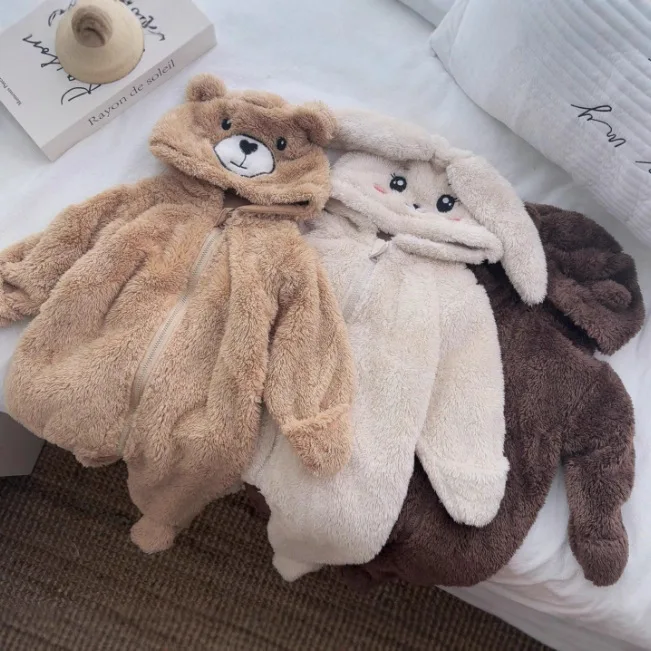 

New Baby Cartoon Bunny Teddy Bear Plush Jumpsuit, Cute Baby Warm Coat, Children's Jumpsuit Home Clothes