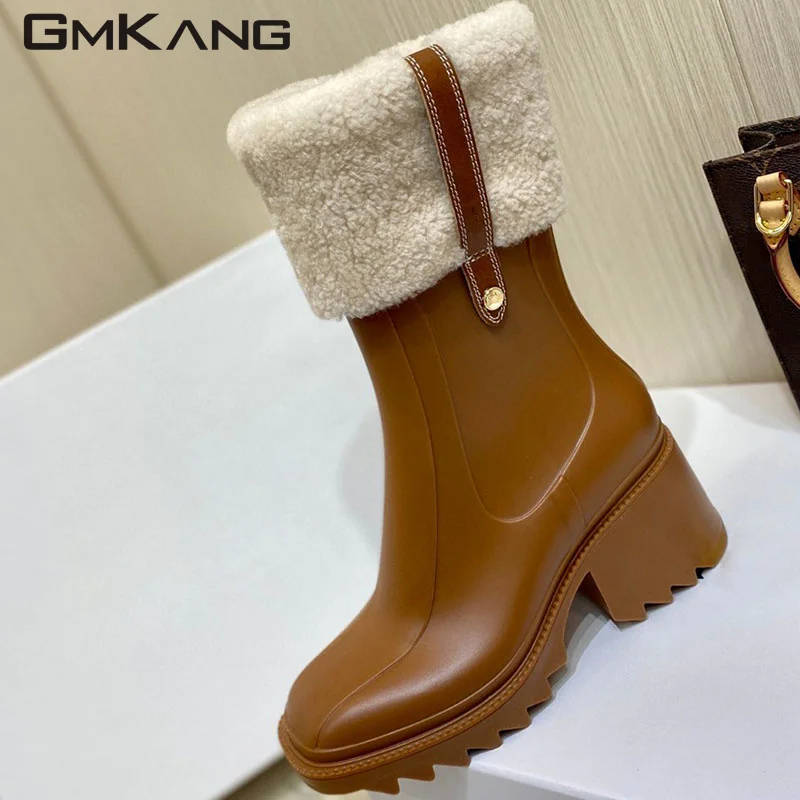 Square Heels Rainboots Women Rubber Waterproof Runway Shoes Female Fashion Chunky High Heels Short Boots Rain Shoes Woman