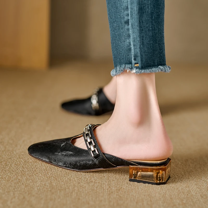 Simple Shoes Woman Chain Mules Chinese Style Comfortable Casual Flats Spring Summer Elegant Ladies Square Toe Mules Size 32-43