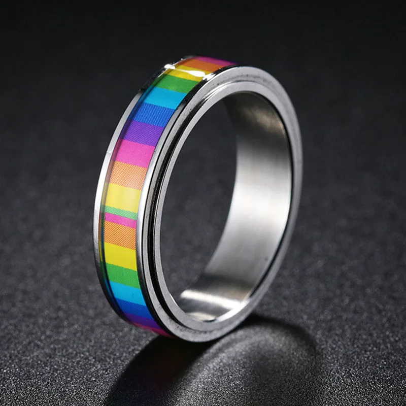 Rainbow Color Anxiety Ring Stainless Steel Fidget Spinning Ring for Women Men LGBT Pride Accessory Jewelry Gift