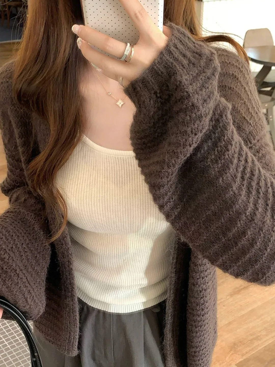 Korean Style Long Sleeve Knitted Open Cardigan Women's Spring Autumn Unique Loose Fashionable Personality Match Sweater Jacket