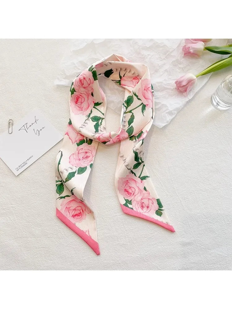 Rose Rose longue bande Double face petit foulard en soie bandeau pour femme attaché cheveux Streamer écharpe décorative
