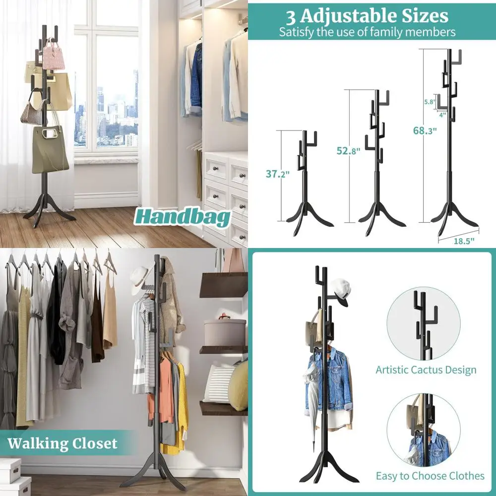 

Регулируемая по высоте бамбуковая вешалка для одежды с 6 крючками для спальни и гостиной, идеально подходит для хранения одежды, шляп и сумок