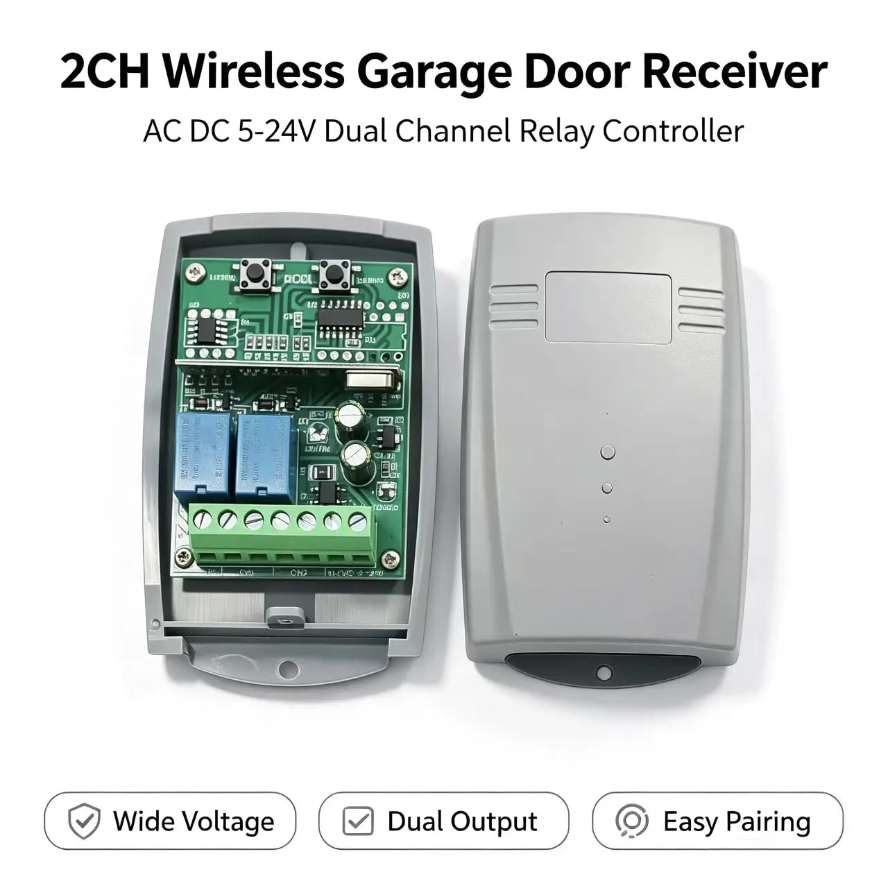 2CH Wireless Garage Door Receiver AC DC 5-24V Dual Channel Relay Controller Remote Switch Receiver for Gate Barrier Opener