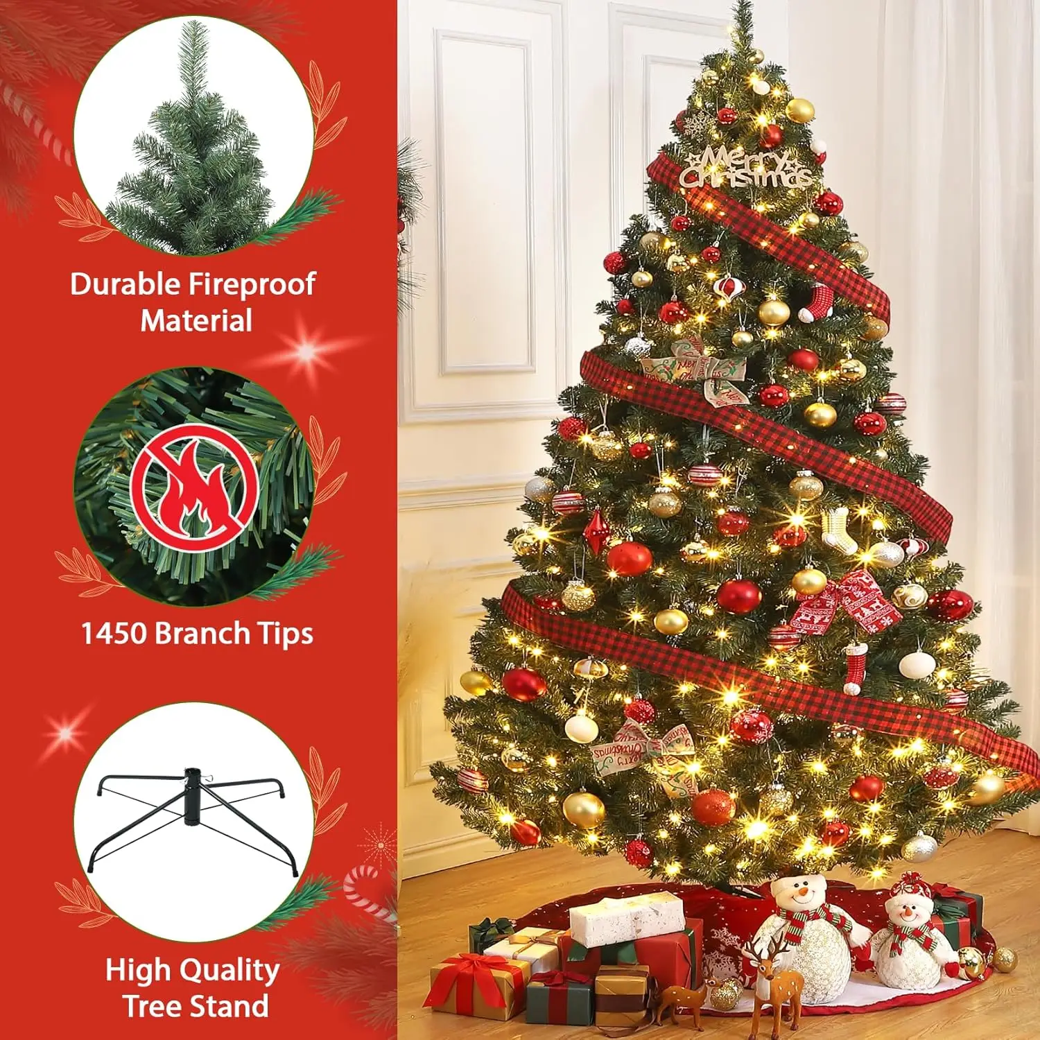 Albero di Natale artificiale natalizio in abete rosso premium da 7,5 piedi per casa, ufficio, decorazione per feste con 1,450 punte di rami, facile montaggio