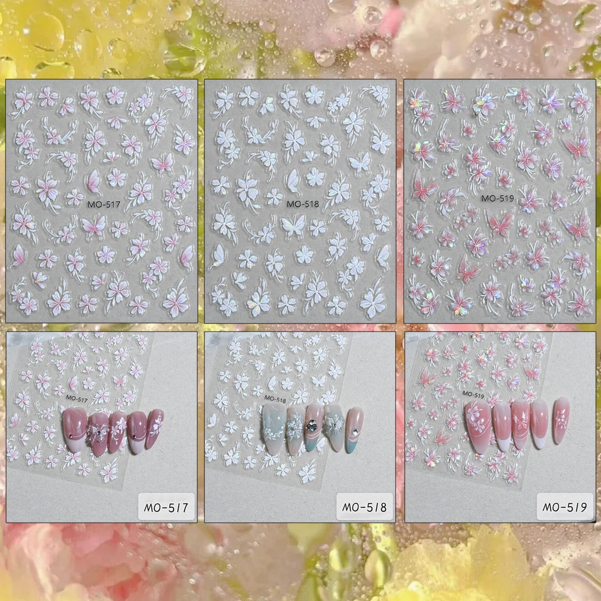 3/6/12 Sheets 5D Embossed Iridescent Pink Floral Butterfly Self Adhesive Nail Art Decals for Gel Acrylic Nails Nail Stickers