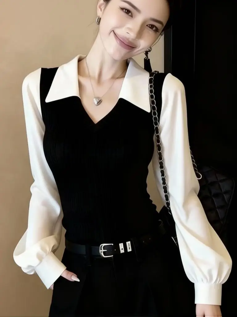 Casual Loose Polo Neck Knitwear Women Knit Fake Two-Piece V neck Puff Long Sleeve Pullover Work Wear Layered Jersey Sweater