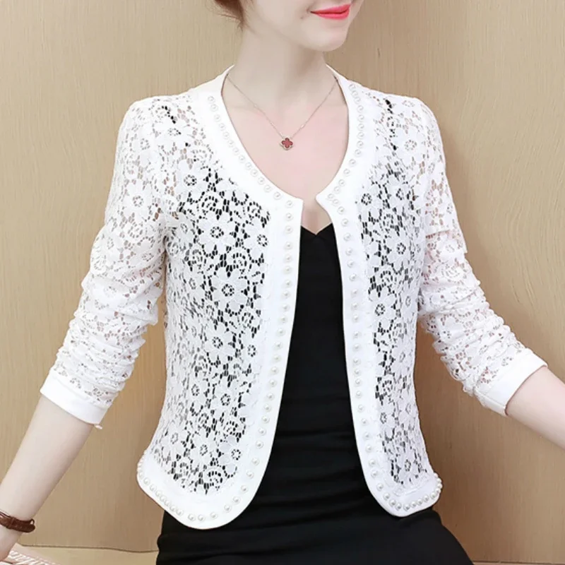 

Womens Jackets and Coats Long Sleeve Beading Hollow Lace Chaquetas Mujer 2024 Casaco Feminino X1081