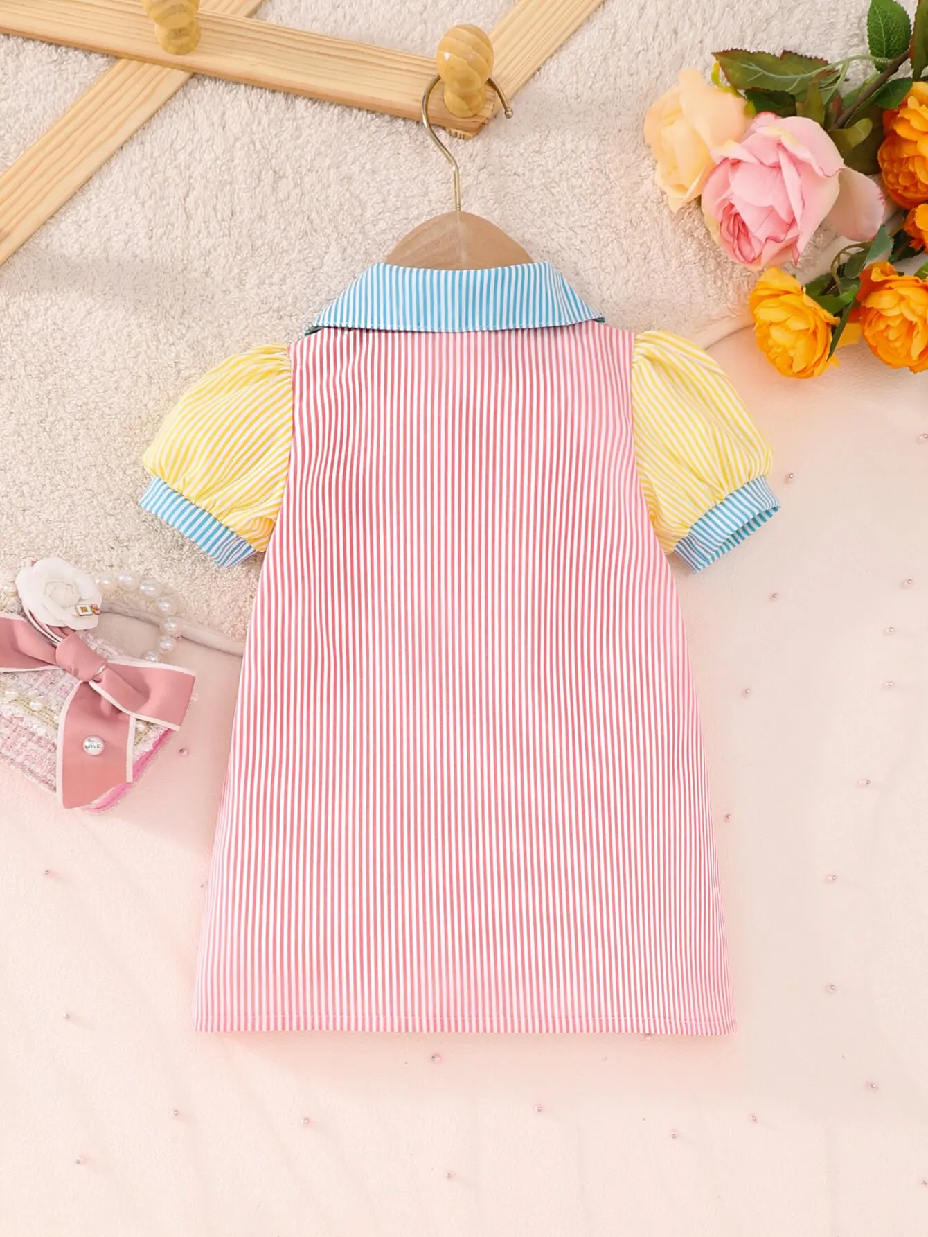 Summer Baby Girl Cute Sweet Breathable Comfortable Casual Dress Shirt Collar Patchwork Patchwork Lantern Sleeve