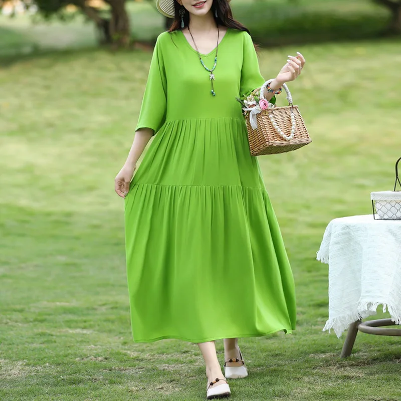 Neue Mode Lässig 2025, Sommer Kleider Für Frauen Vintage Kurzarm Oansatz Druck Lose Blumen Kleid plus größe Frauen Kleidung