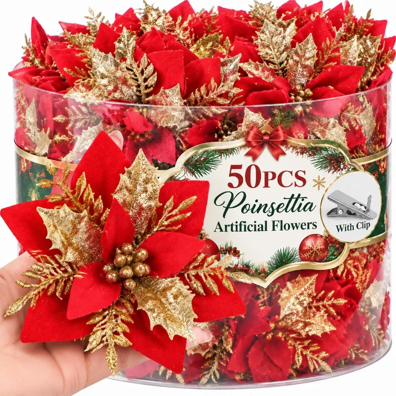 Red Golden Sparkling Poinsettia Artificial Flowers Christmas Tree Fake Glitter Flowers Floral Wreath Fireplace Party Ornaments