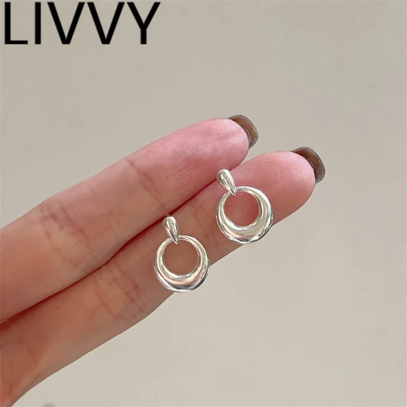 LIVVY Silver Color Design Round Stud Earrings Party Jewelry For Women Fashion Minimalism Geometric Ear Accessories