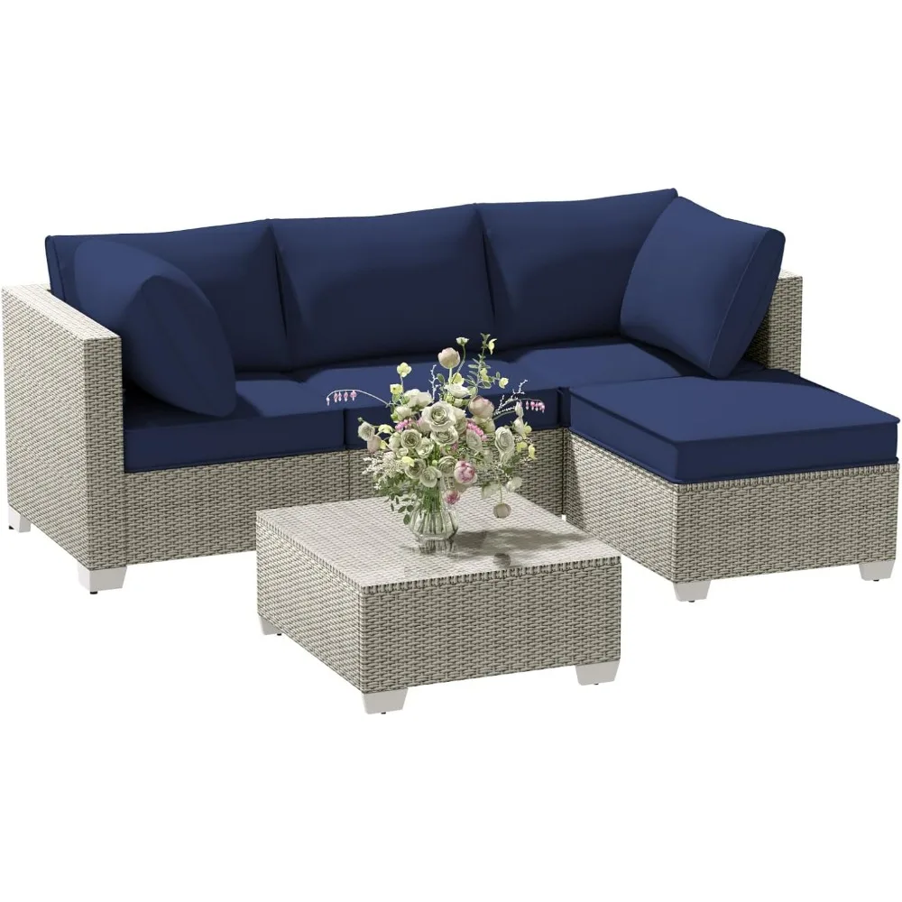 

5-Piece All-Weather Rattan Outdoor Patio Furniture Set, 3-Seater Sofa, Ottoman & Tempered Glass Coffee Table for Garden, Deck &