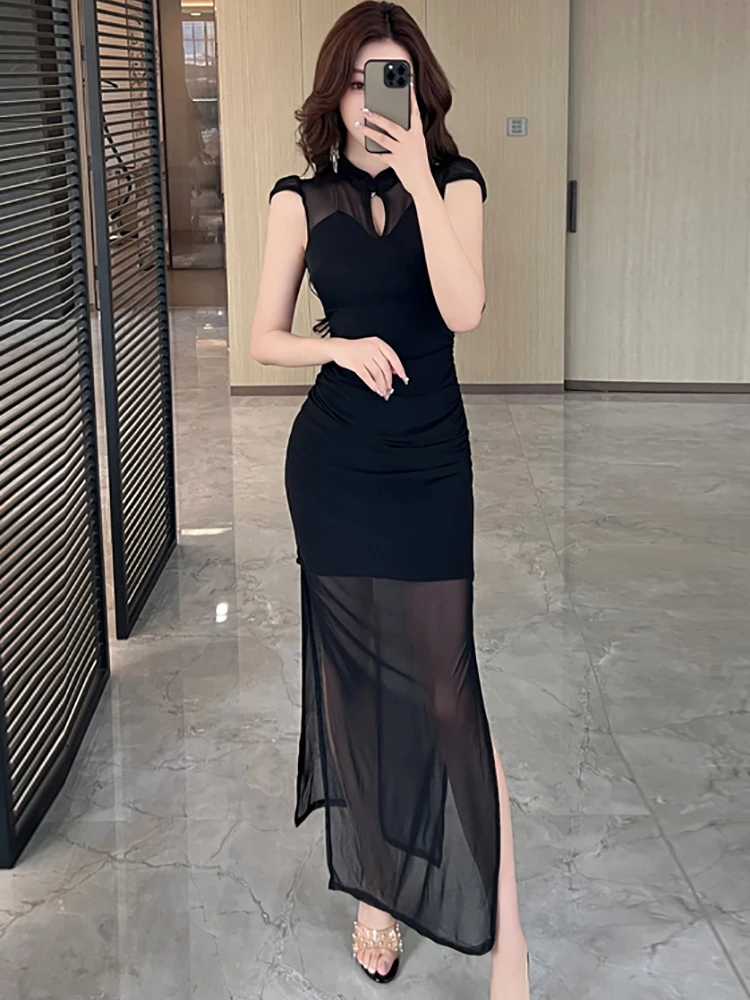 女性韓国ヴィンテージヘップバーンウエディングドレス夏黒パッチワークメッシュシアーセクシードレス2025エレガントボディコンフェスティバルパーティードレス
